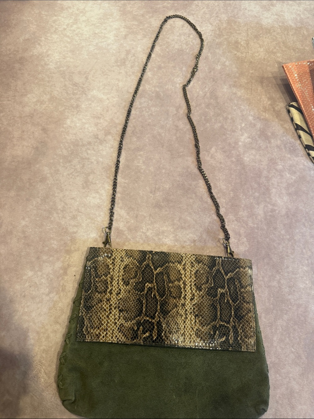 Chain Strap Olive Green Suede & Snake-Print Crossbody Bag